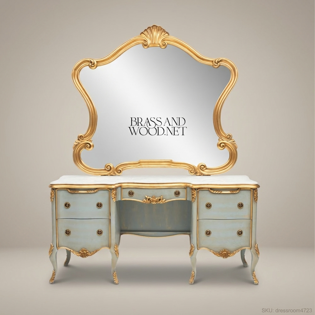 Louis XV Rococo Painted Dressing Table with Carved Gold Mirror — Duck-Egg Blue & Gilt