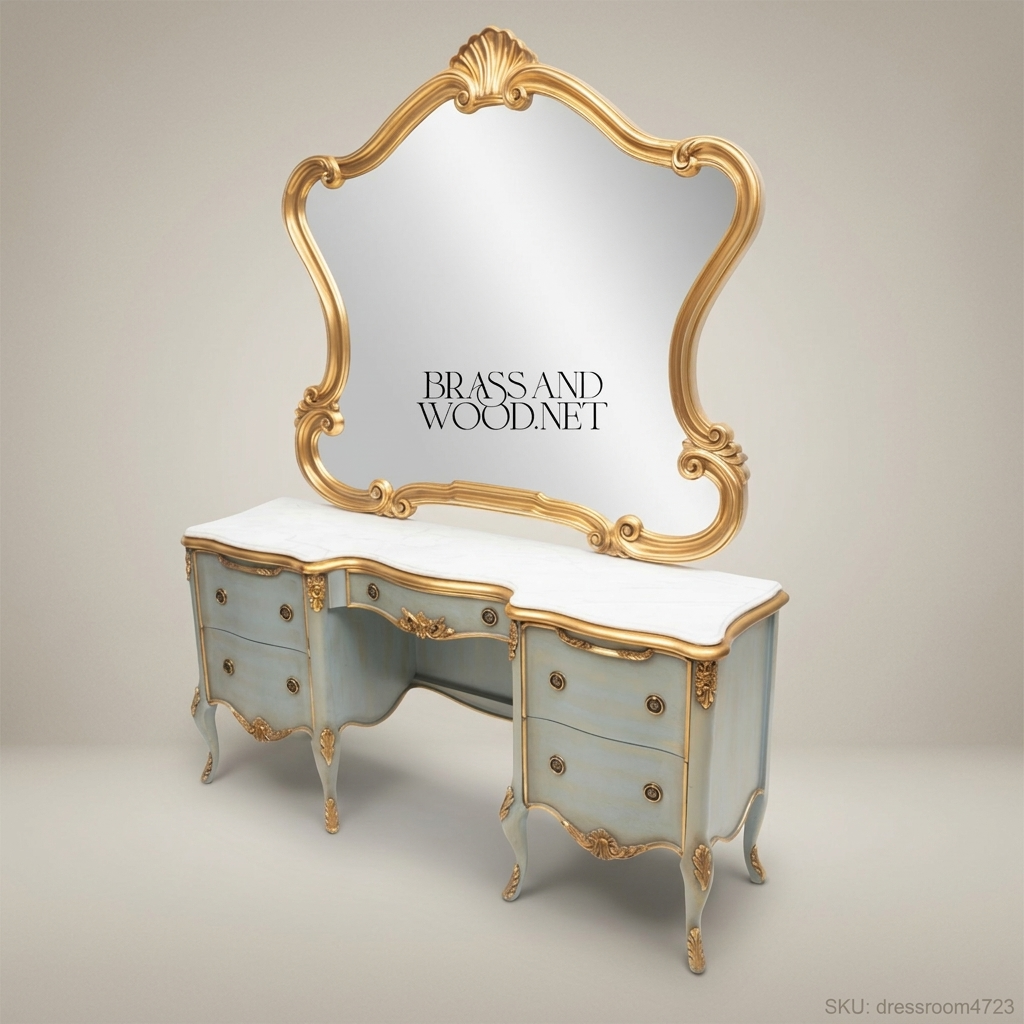 Louis XV Rococo Painted Dressing Table with Carved Gold Mirror — Duck-Egg Blue & Gilt