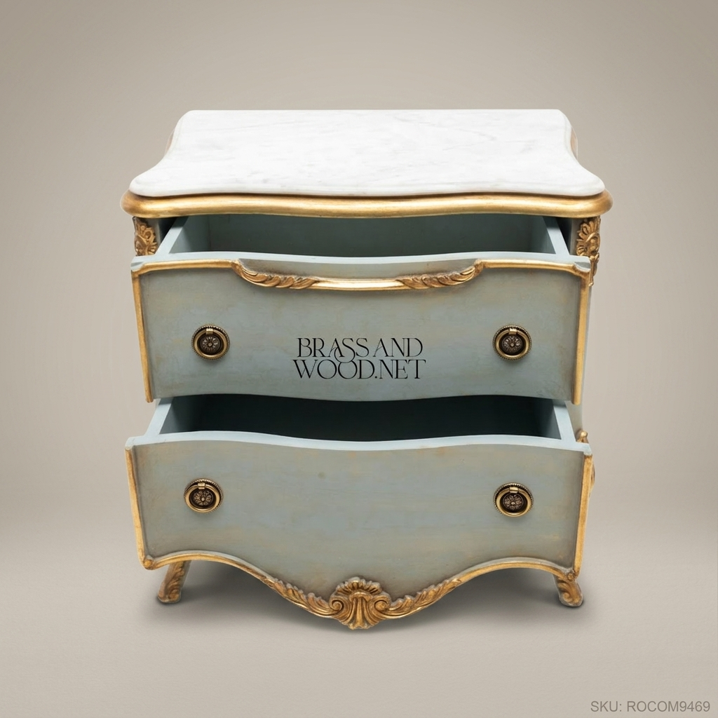 Louis XV Rococo Painted Nightstand with Marble Top & Gilt Acanthus Mounts