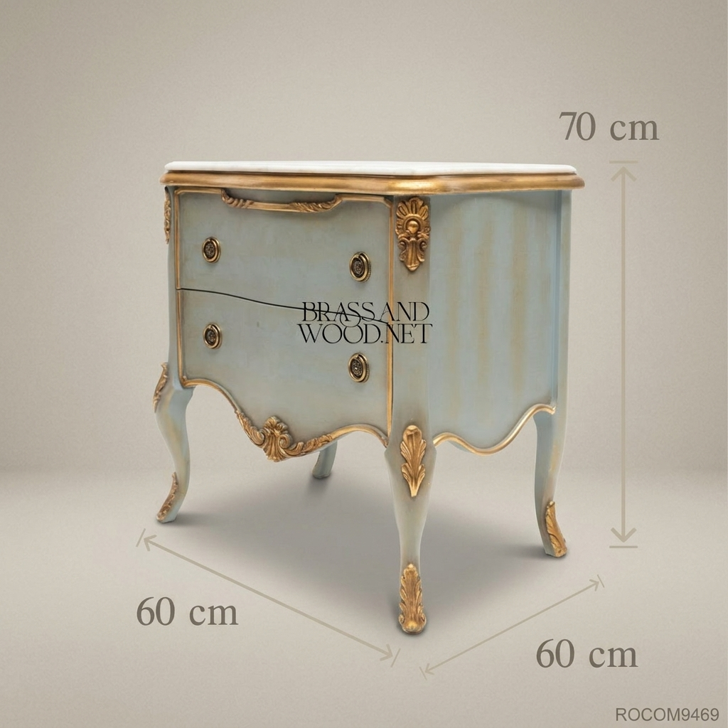 Louis XV Rococo Painted Nightstand with Marble Top & Gilt Acanthus Mounts