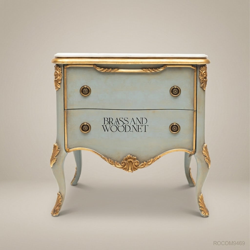 Louis XV Rococo Painted Nightstand with Marble Top & Gilt Acanthus Mounts