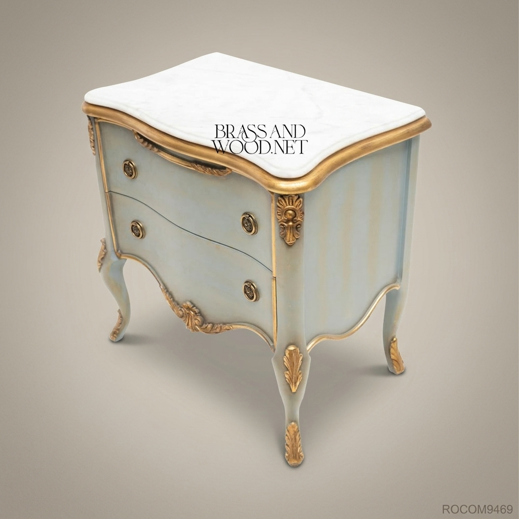 Louis XV Rococo Painted Nightstand with Marble Top & Gilt Acanthus Mounts