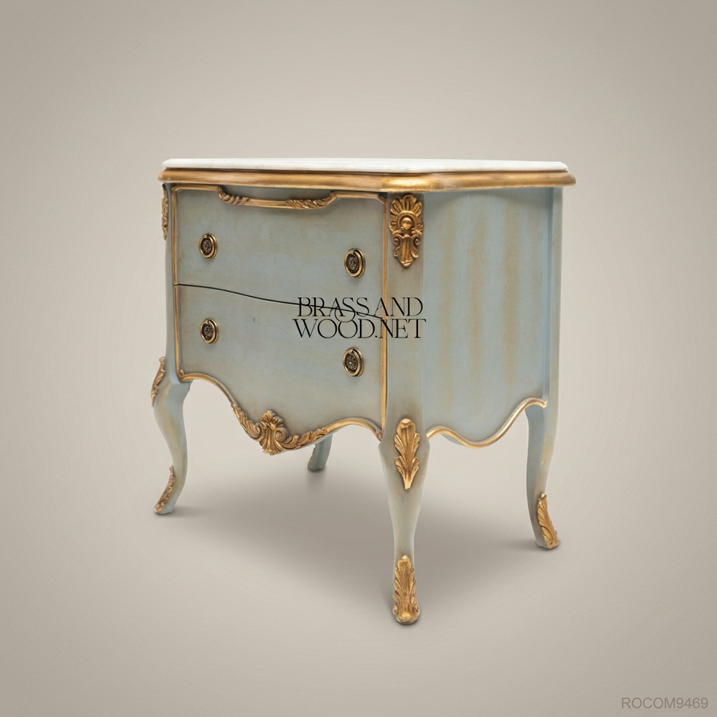 Louis XV Rococo Painted Nightstand with Marble Top & Gilt Acanthus Mounts