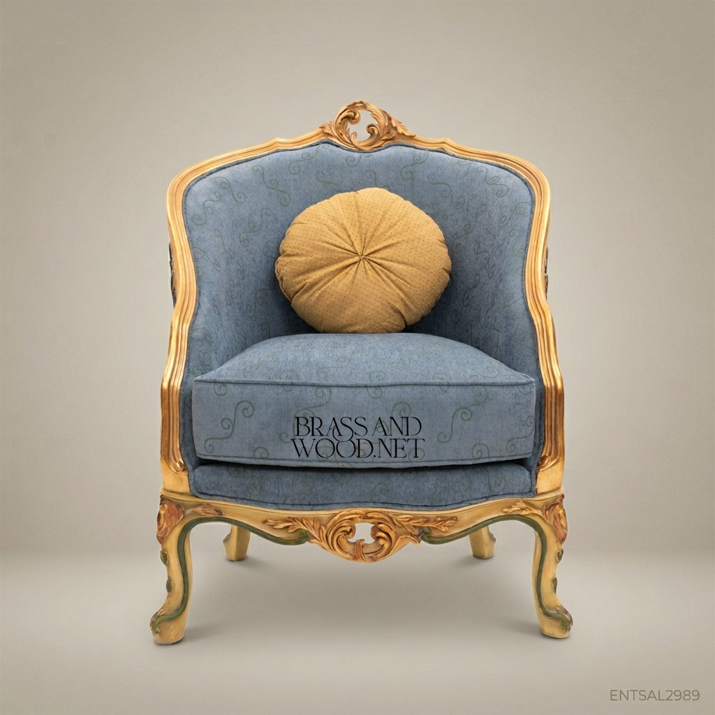 Louis XV Rococo Painted Tub Bergère Polychrome Garland Gilded Rocaille Crest Blue Jacquard Upholstery Main View | Brass & Wood