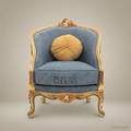 Louis XV Rococo Painted Tub Bergère Polychrome Garland Gilded Rocaille Crest Blue Jacquard Upholstery Main View | Brass & Wood
