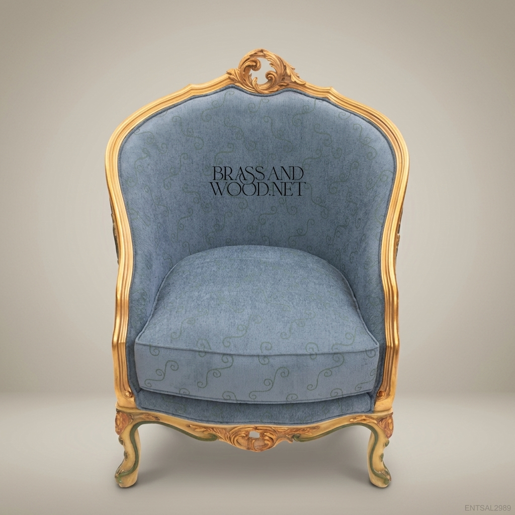 Louis XV Rococo Painted Tub Bergère Polychrome Garland Gilded Rocaille Crest Blue Jacquard Upholstery View 2 | Brass & Wood