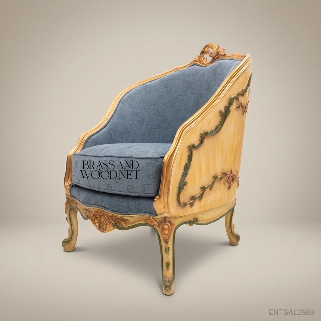 Louis XV Rococo Painted Tub Bergère Polychrome Garland Gilded Rocaille Crest Blue Jacquard Upholstery View 3 | Brass & Wood