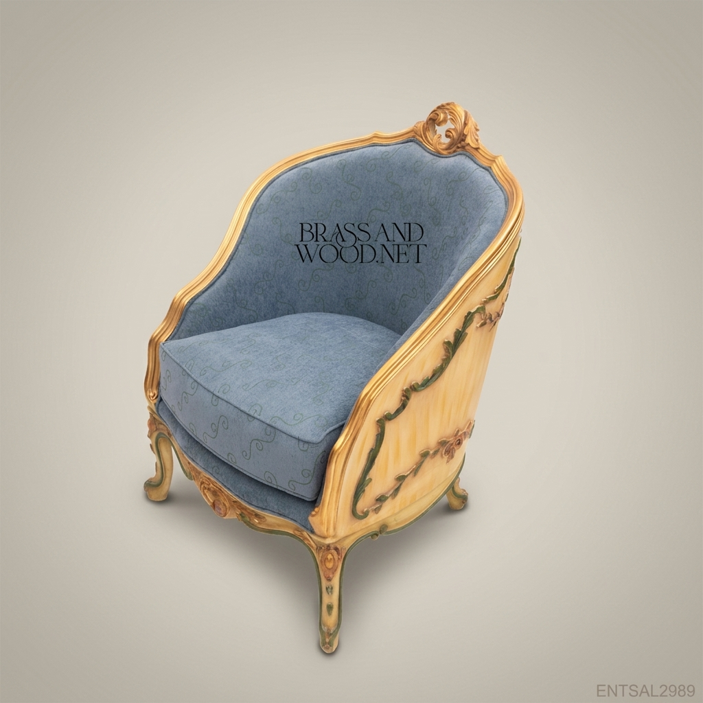 Louis XV Rococo Painted Tub Bergère Polychrome Garland Gilded Rocaille Crest Blue Jacquard Upholstery View 4 | Brass & Wood