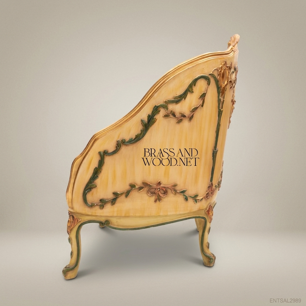 Louis XV Rococo Painted Tub Bergère Polychrome Garland Gilded Rocaille Crest Blue Jacquard Upholstery View 5 | Brass & Wood