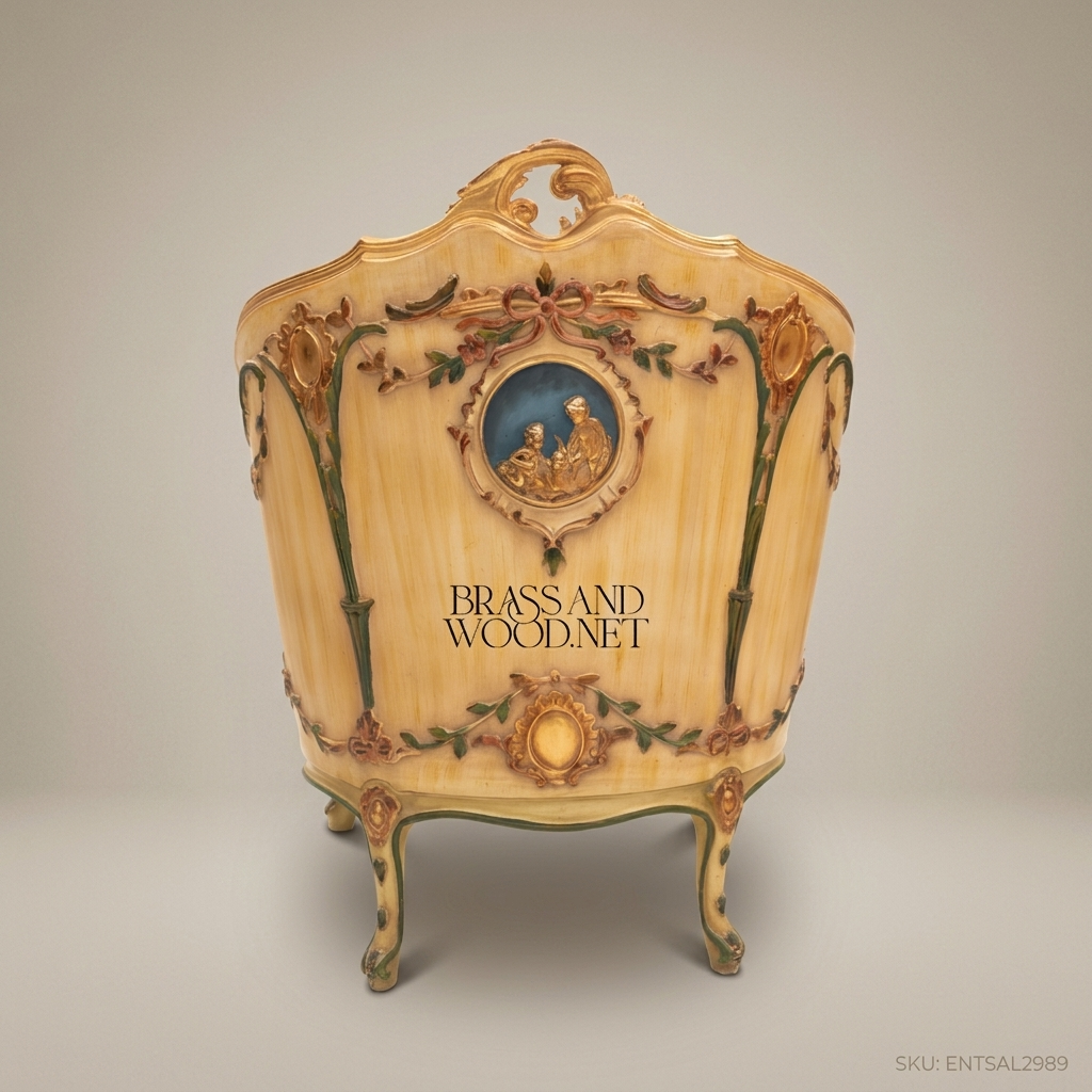 Louis XV Rococo Painted Tub Bergère Polychrome Garland Gilded Rocaille Crest Blue Jacquard Upholstery View 6 | Brass & Wood