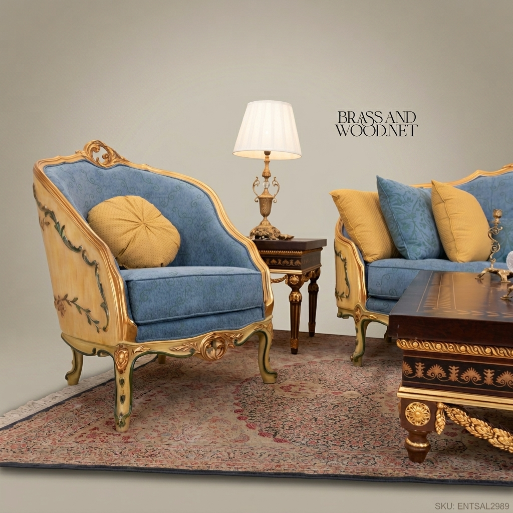 Louis XV Rococo Painted Tub Bergère Polychrome Garland Gilded Rocaille Crest Blue Jacquard Upholstery View 7 | Brass & Wood