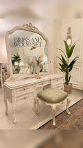 Louis XV Rococo Revival Bedroom Set — Arched Carved Headboard with Sage Damask & Cane Canapé