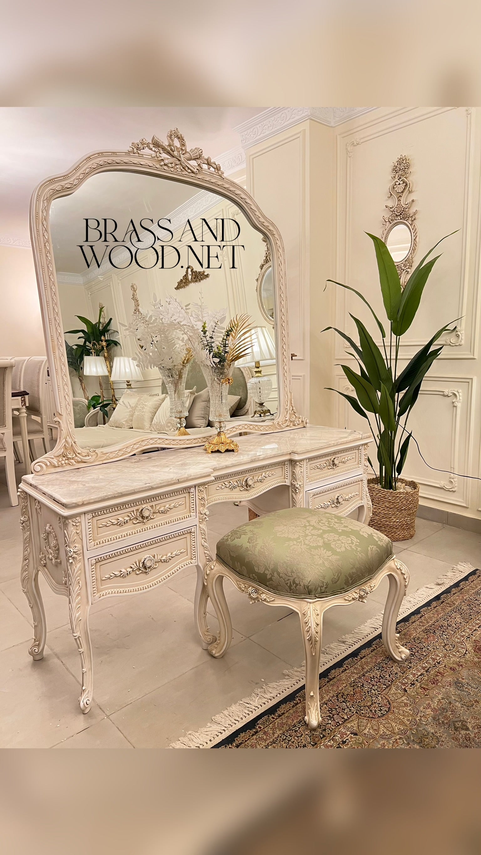 Louis XV Rococo Revival Bedroom Set — Arched Carved Headboard with Sage Damask & Cane Canapé