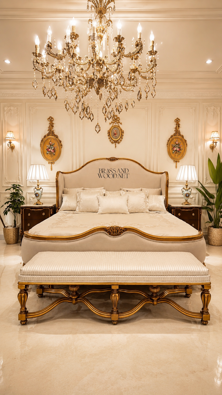 Louis XV Rococo Revival Bedroom Set — Shell-Carved Gilt Frame with Ivory Damask Upholstery