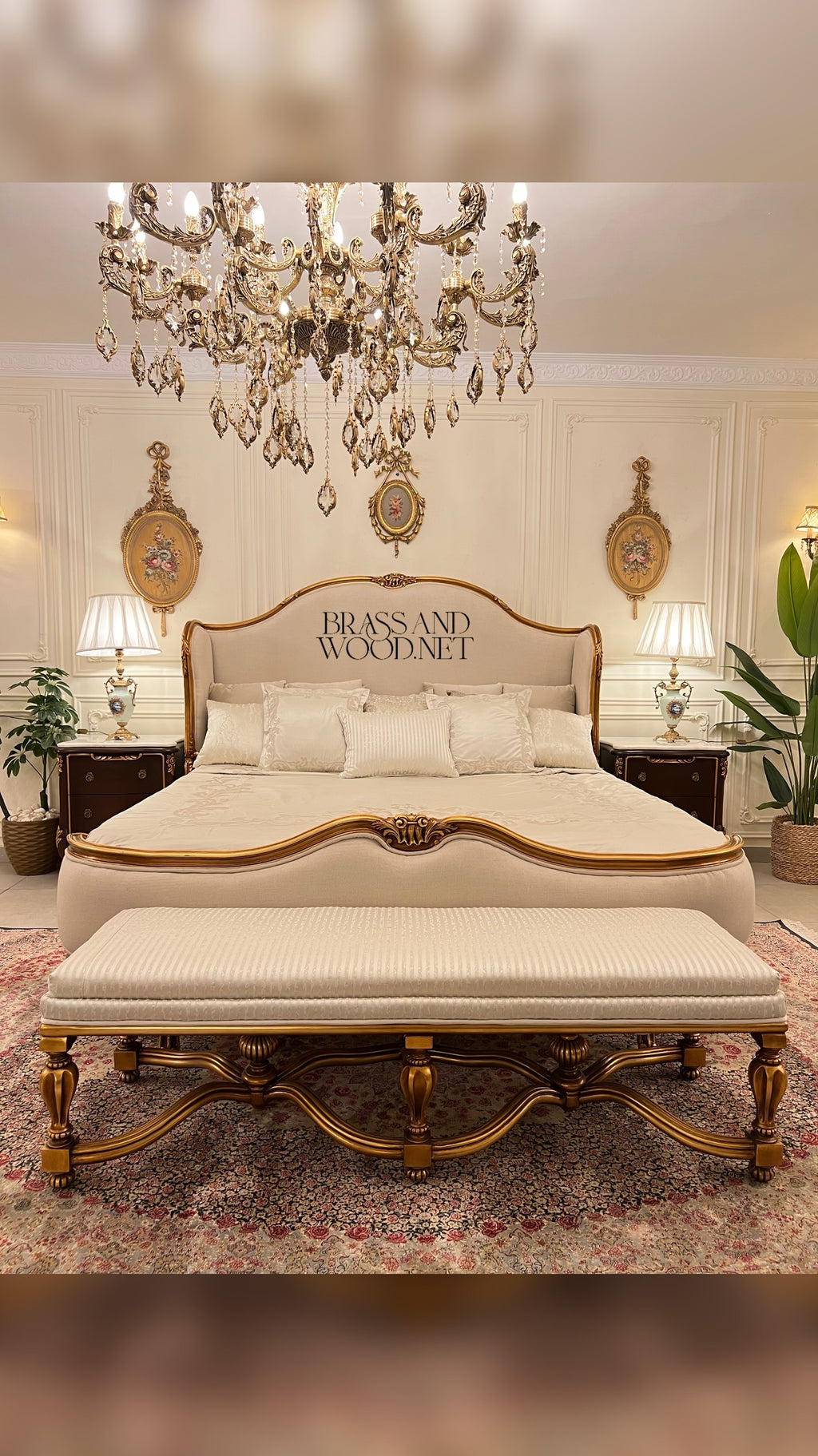 Louis XV Rococo Revival Bedroom Set — Shell-Carved Gilt Frame with Ivory Damask Upholstery