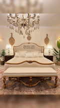 Louis XV Rococo Revival Bedroom Set — Shell-Carved Gilt Frame with Ivory Damask Upholstery
