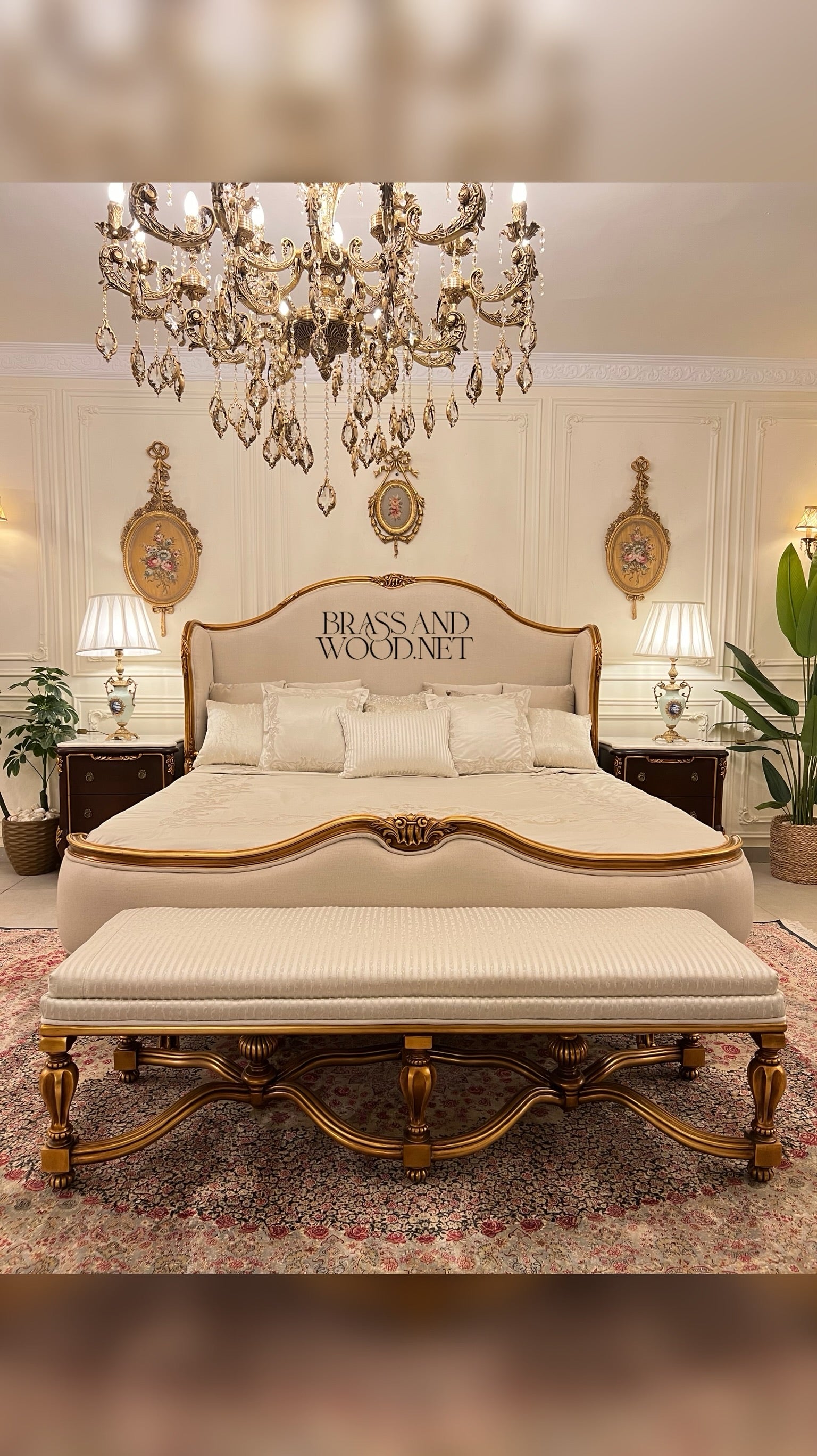 Louis XV Rococo Revival Bedroom Set — Shell-Carved Gilt Frame with Ivory Damask Upholstery