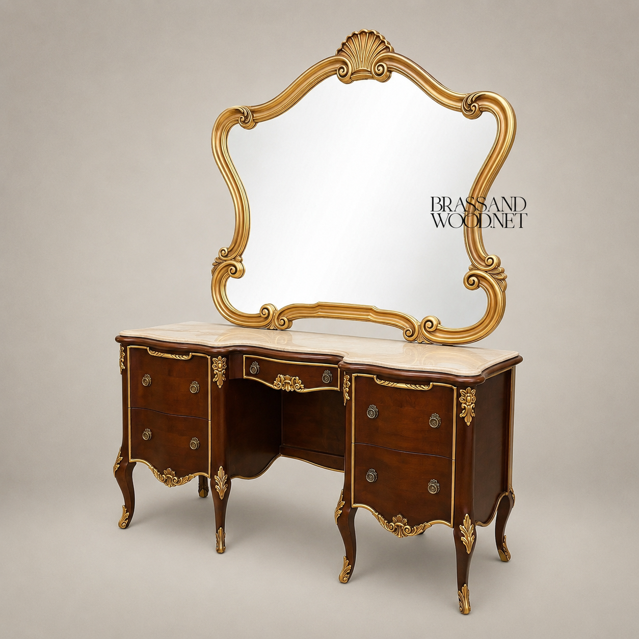 Louis XV Rococo Revival Bedroom Set — Shell-Carved Gilt Frame with Ivory Damask Upholstery