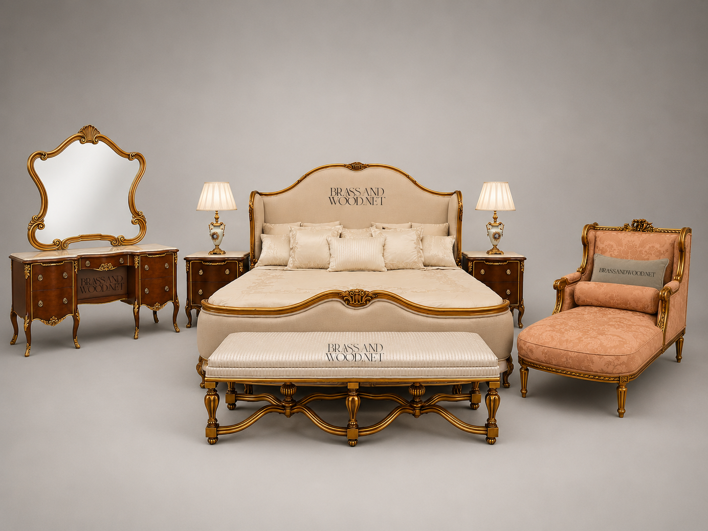 Louis XV Rococo Revival Bedroom Set — Shell-Carved Gilt Frame with Ivory Damask Upholstery
