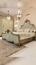 Louis XV Rococo Revival Ivory & Antique Gold Complete Bedroom Suite — Diamond-Tufted Carved Headboard