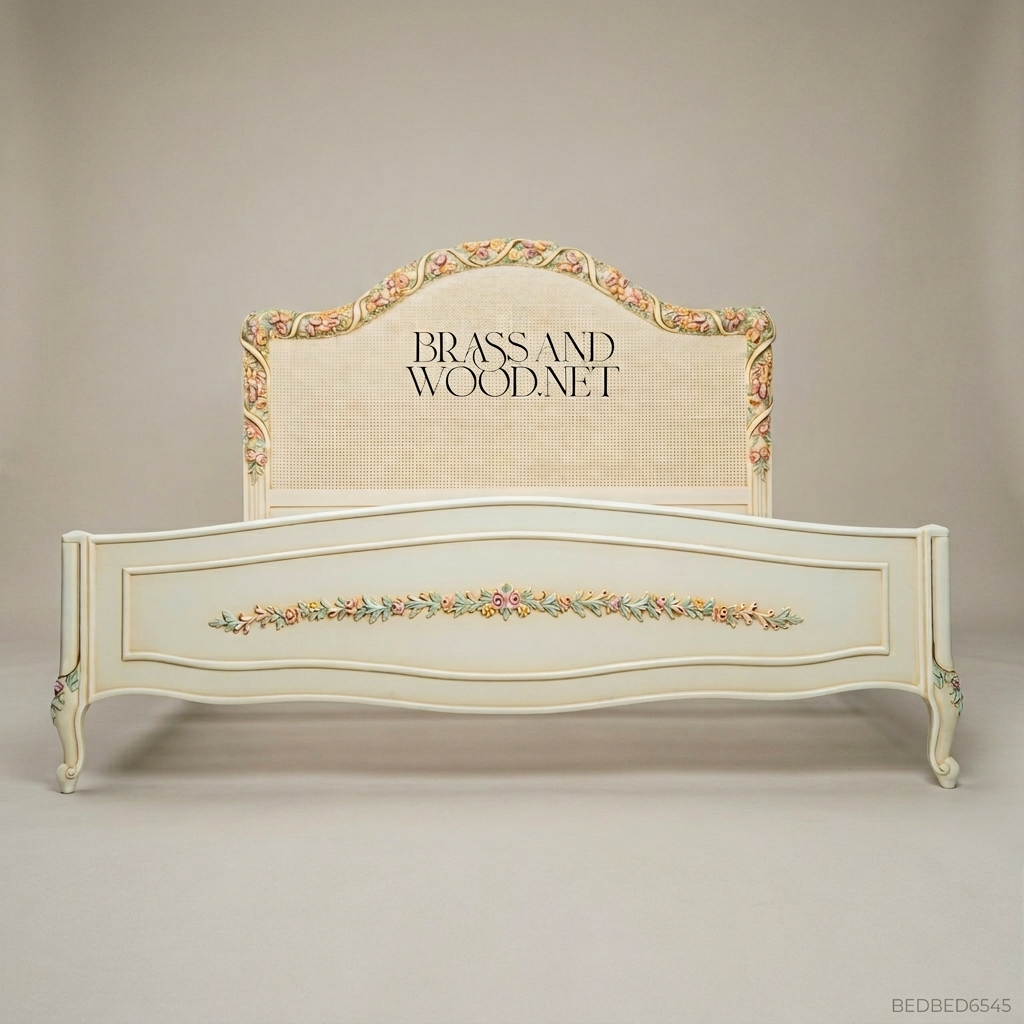 Louis XV Rococo Revival Ivory Bedroom Set — Hand-Carved Polychrome Floral Cane Headboard