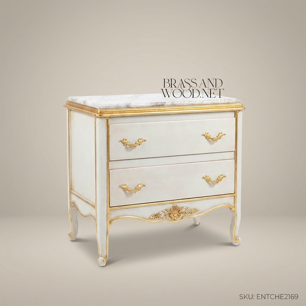 Louis XV Rococo Revival Ivory Chest of Drawers with Gilt Mounts & Marble Top