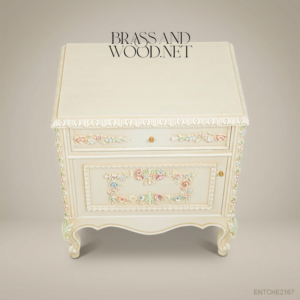 Louis XV Rococo Revival Ivory Nightstand with Polychrome Floral Relief Carvings