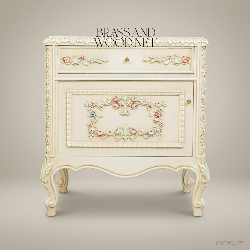 Louis XV Rococo Revival Ivory Nightstand with Polychrome Floral Relief Carvings