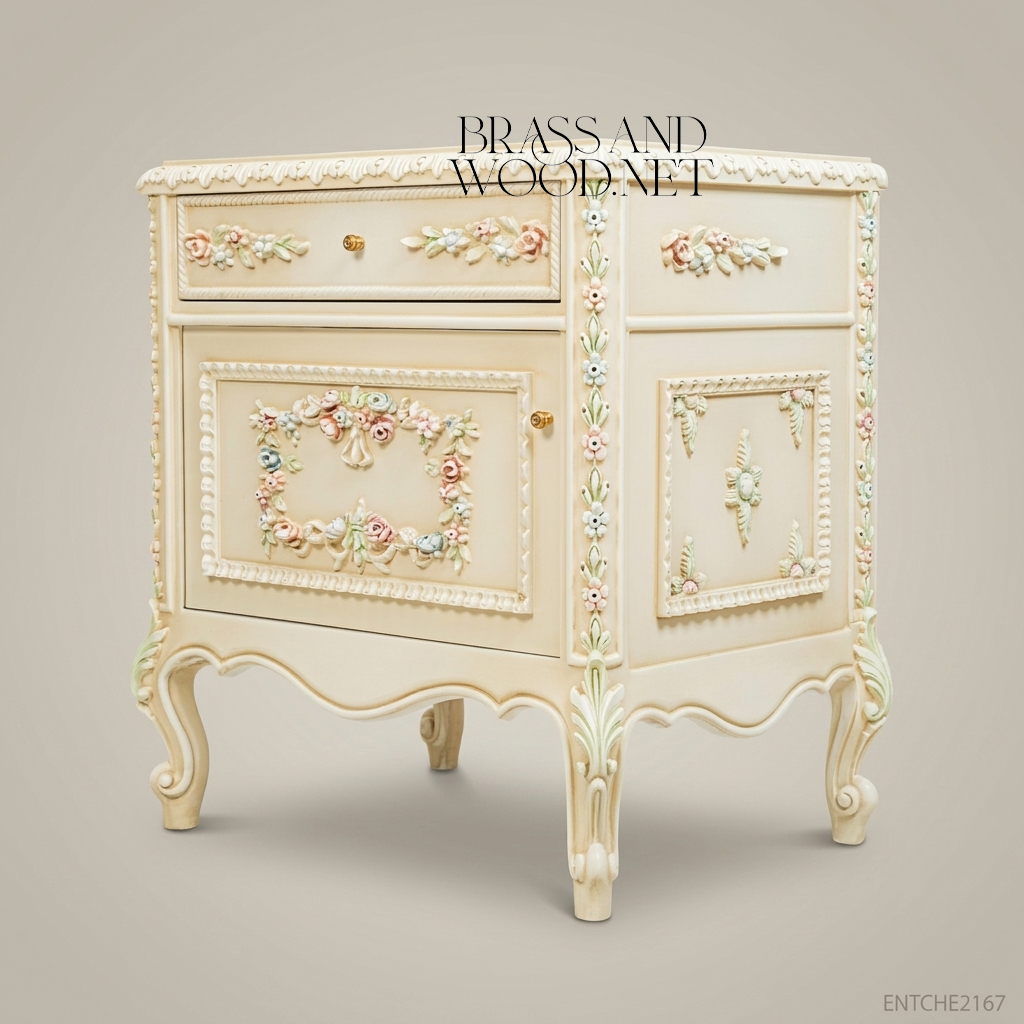 Louis XV Rococo Revival Ivory Nightstand with Polychrome Floral Relief Carvings