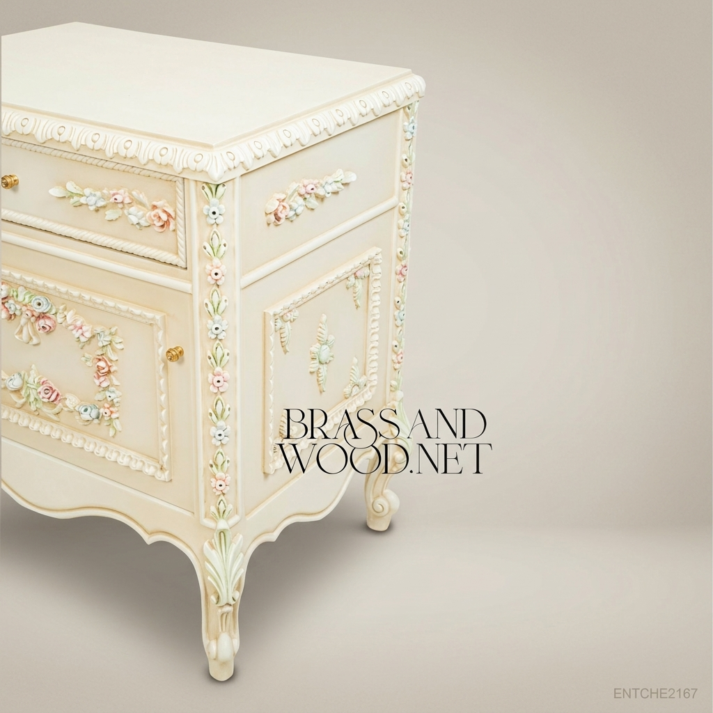 Louis XV Rococo Revival Ivory Nightstand with Polychrome Floral Relief Carvings