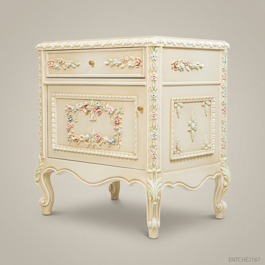 Louis XV Rococo Revival Ivory Nightstand with Polychrome Floral Relief Carvings