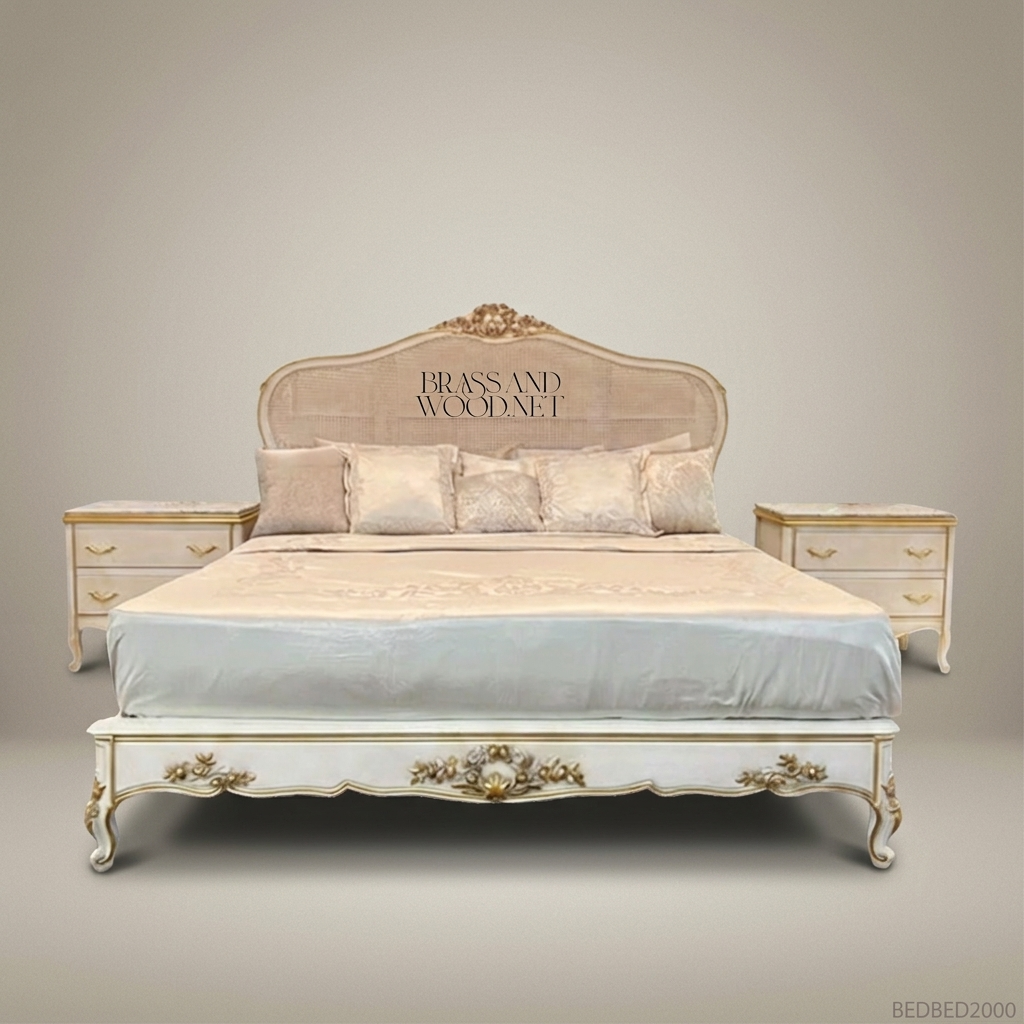 Louis XV Rococo Revival Ivory Super King Bed with Cane Headboard & Gilt Floral Carving