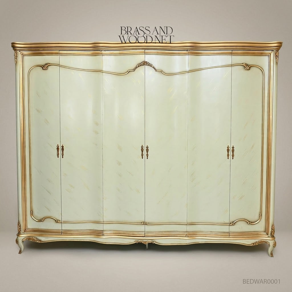 Louis XV Rococo Revival Six-Door Grand Armoire in Ivory & Antique Gold