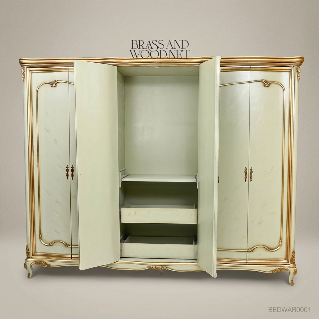 Louis XV Rococo Revival Six-Door Grand Armoire in Ivory & Antique Gold