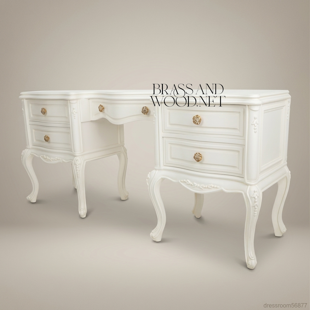 Louis XV Rococo Revival White Lacquered Dressing Table with Carved Mirror — 5-Drawer Kidney Form