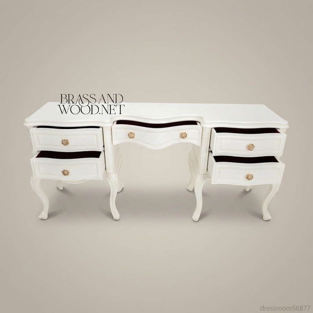 Louis XV Rococo Revival White Lacquered Dressing Table with Carved Mirror — 5-Drawer Kidney Form