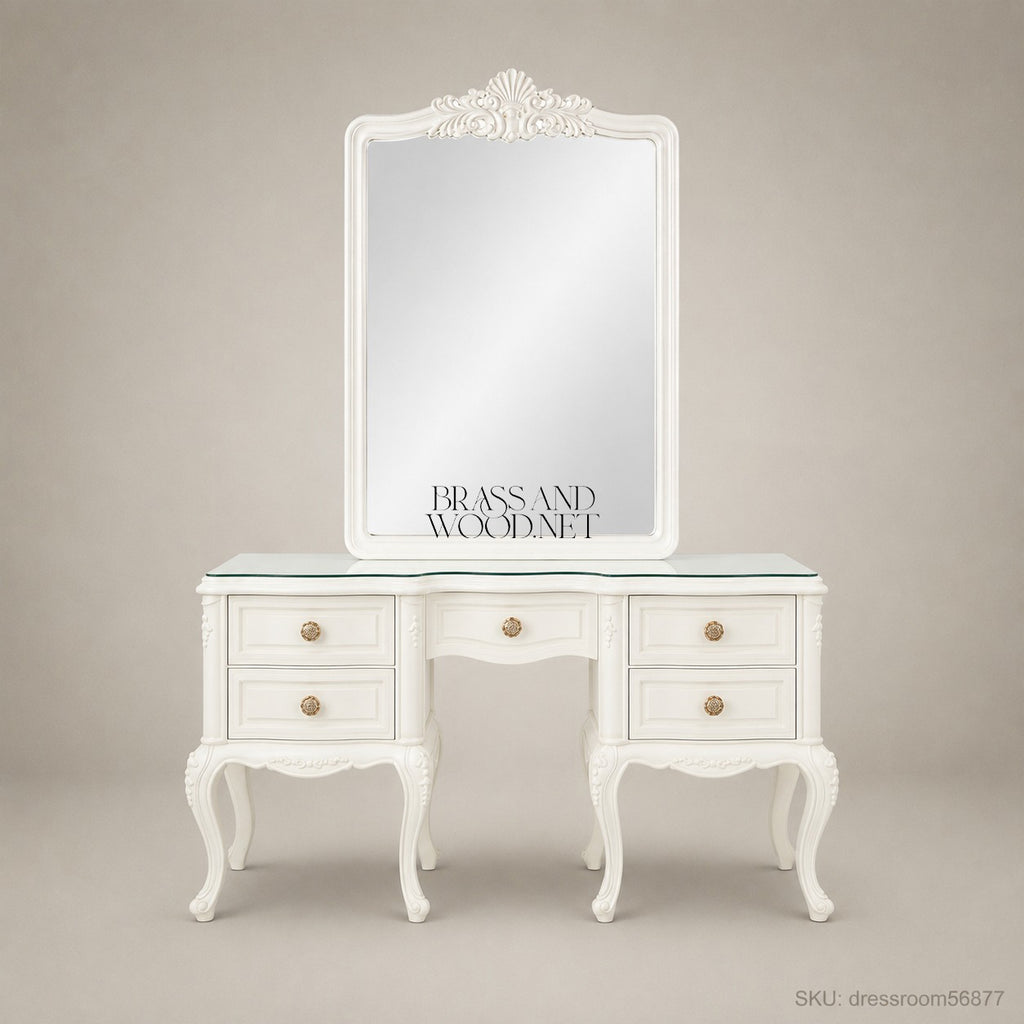 Louis XV Rococo Revival White Lacquered Dressing Table with Carved Mirror — 5-Drawer Kidney Form