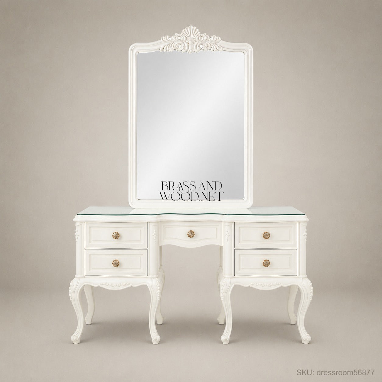 Louis XV Rococo Revival White Lacquered Dressing Table with Carved Mirror — 5-Drawer Kidney Form