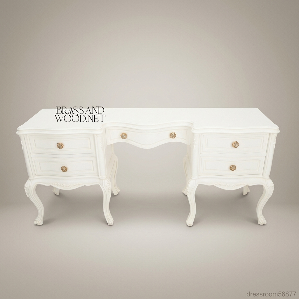 Louis XV Rococo Revival White Lacquered Dressing Table with Carved Mirror — 5-Drawer Kidney Form