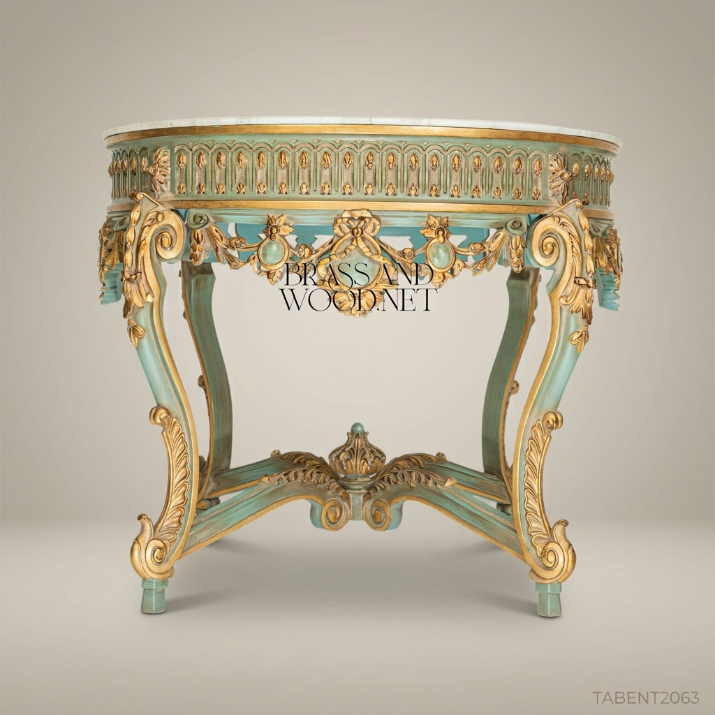 Louis XV Rococo Round Entry Table — Verdigris & Gold Leaf with Marble Top