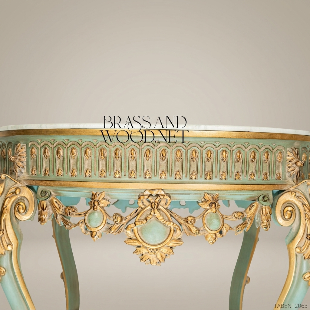 Louis XV Rococo Round Entry Table — Verdigris & Gold Leaf with Marble Top