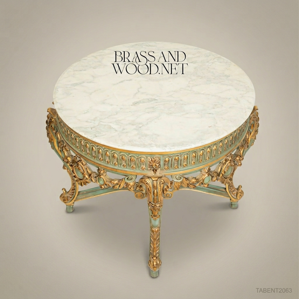 Louis XV Rococo Round Entry Table — Verdigris & Gold Leaf with Marble Top