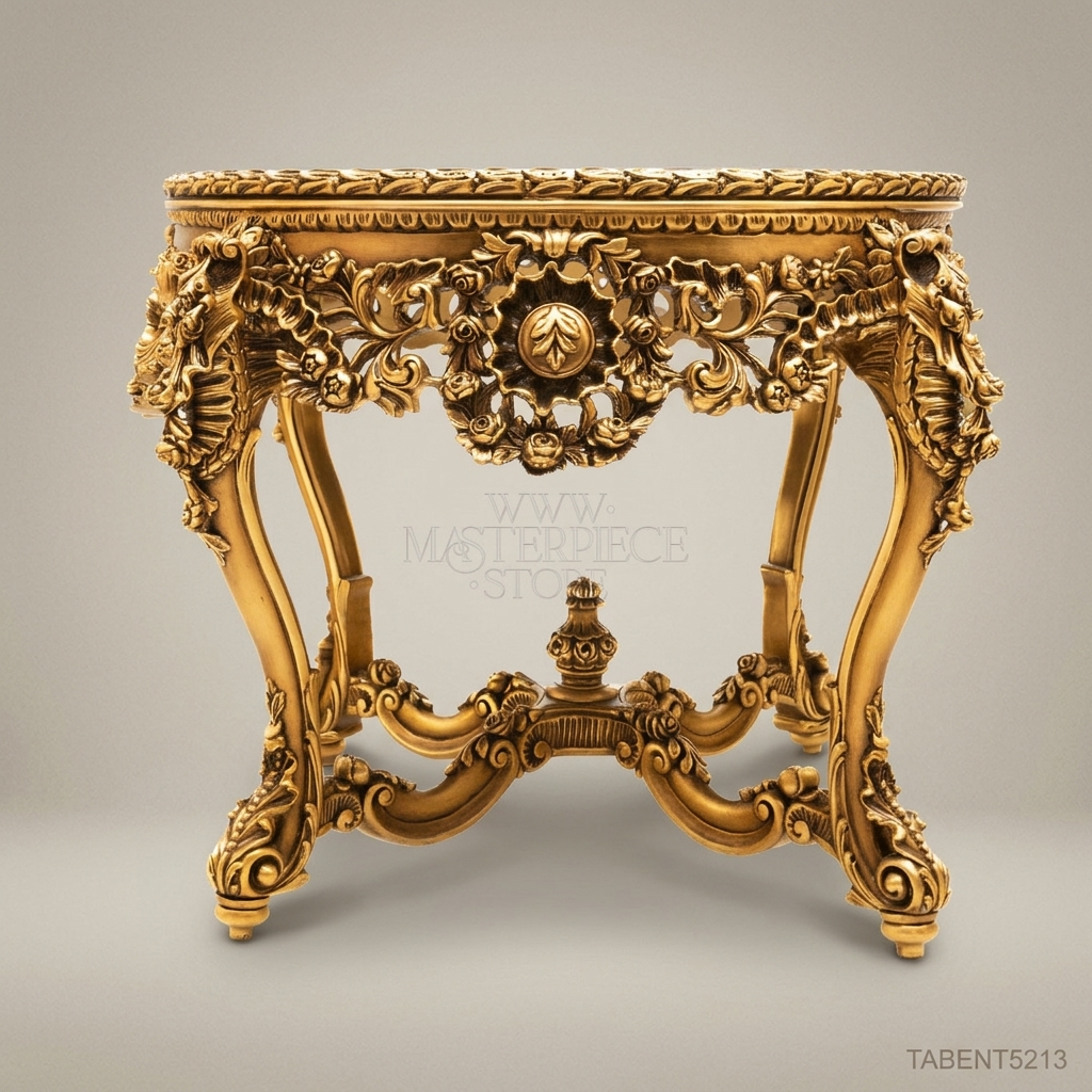 Louis XV Rococo Round Entryway Table | Gold Leaf Carved Wood & Marble