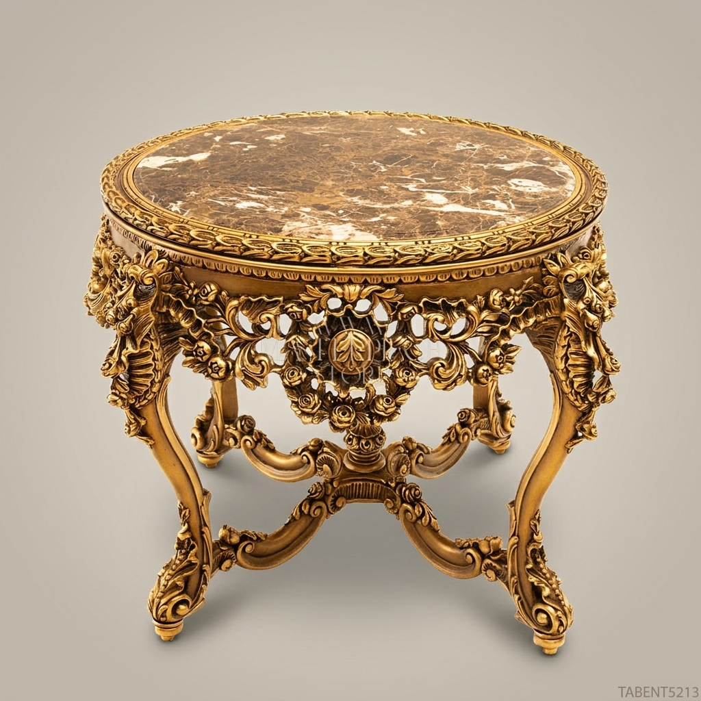 Louis XV Rococo Round Entryway Table | Gold Leaf Carved Wood & Marble