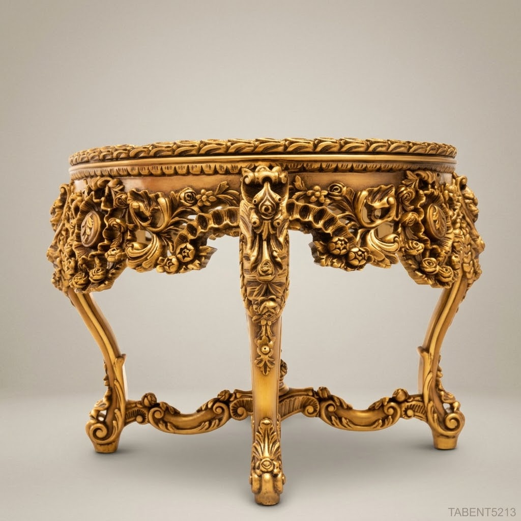 Louis XV Rococo Round Entryway Table | Gold Leaf Carved Wood & Marble
