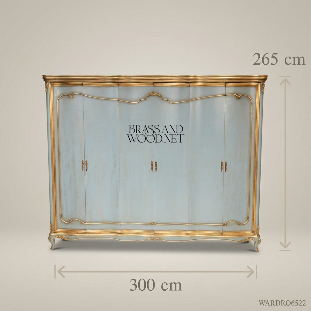Louis XV Rococo Revival Six-Door Painted Wardrobe — Powder Blue & Antique Gold Serpentine Cornice