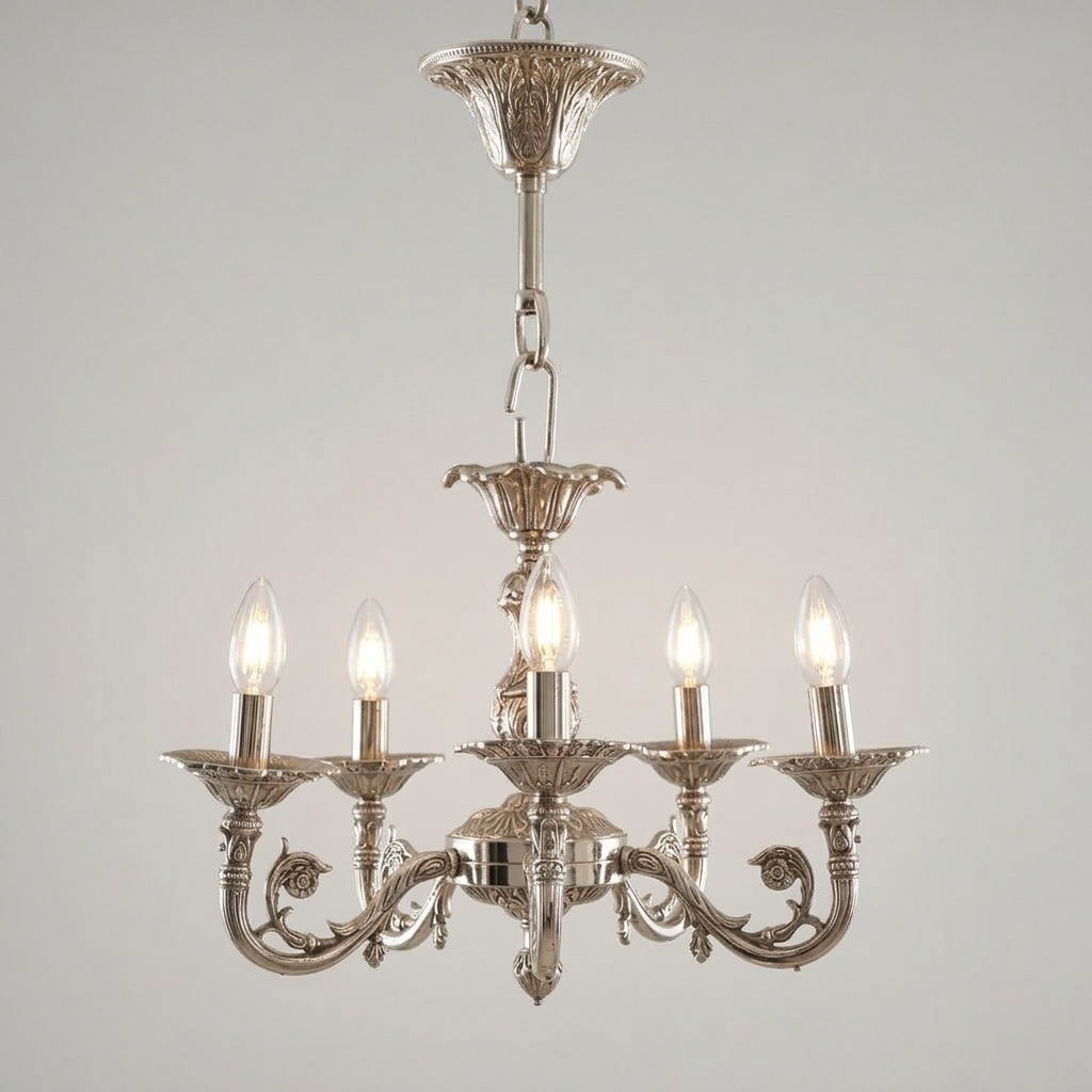 Louis XV Rococo Solid Brass 5-Arm Chandelier with Acanthus Scroll Arms — Silver
