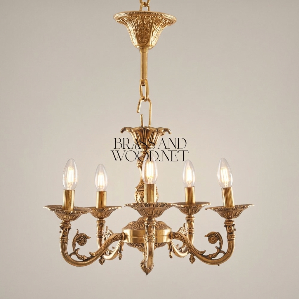 Louis XV Rococo Solid Brass 5-Arm Chandelier with Acanthus Scroll Arms — Antique Gold