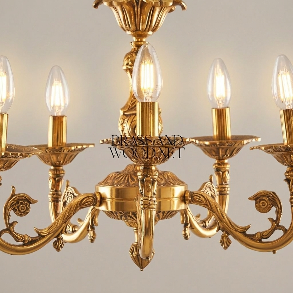 Louis XV Rococo Solid Brass 5-Arm Chandelier with Acanthus Scroll Arms — Gold