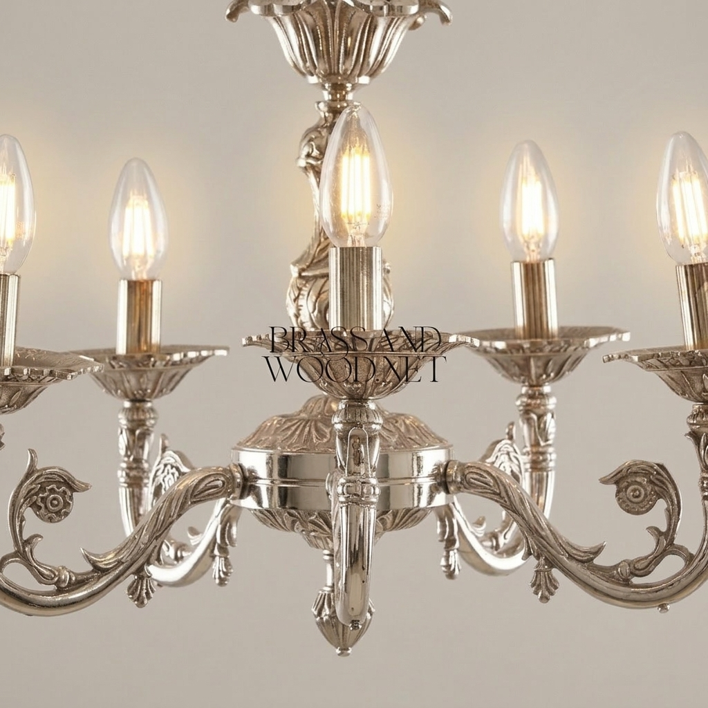Louis XV Rococo Solid Brass 5-Arm Chandelier with Acanthus Scroll Arms — Silver